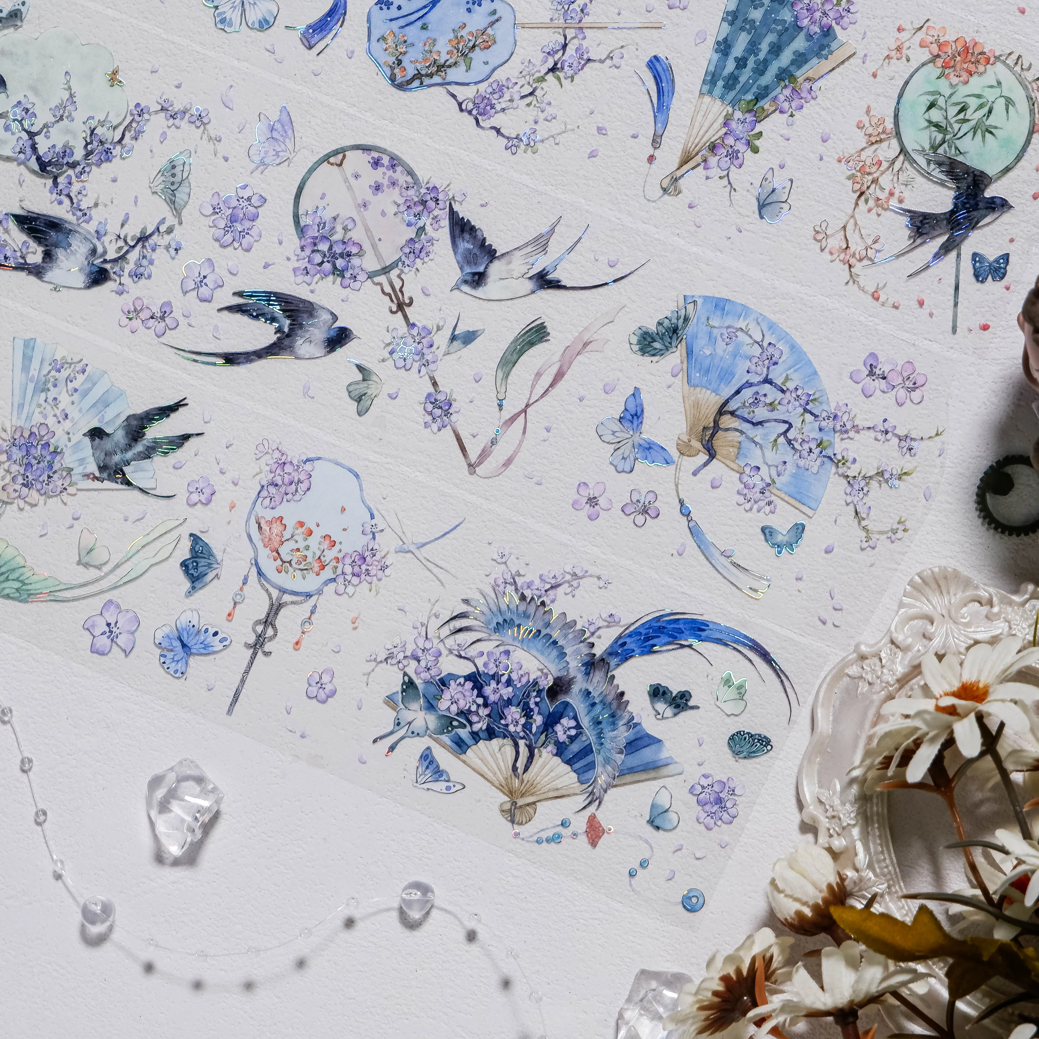 DXJ fan dance shell nastro argentato inchiostro bianco PET, uccello ventaglio farfalla, carta in stile nazionale