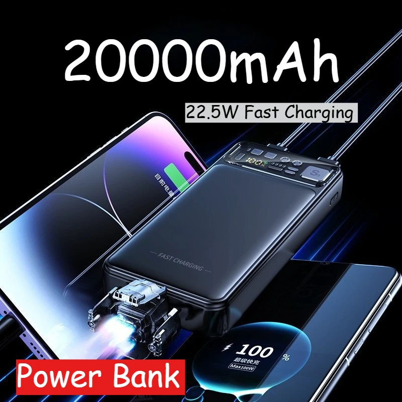 Power Bank 20000mAh 22.5W Fast Charging Digital Display PowerBank Portable Charge External Battery Built in Cable