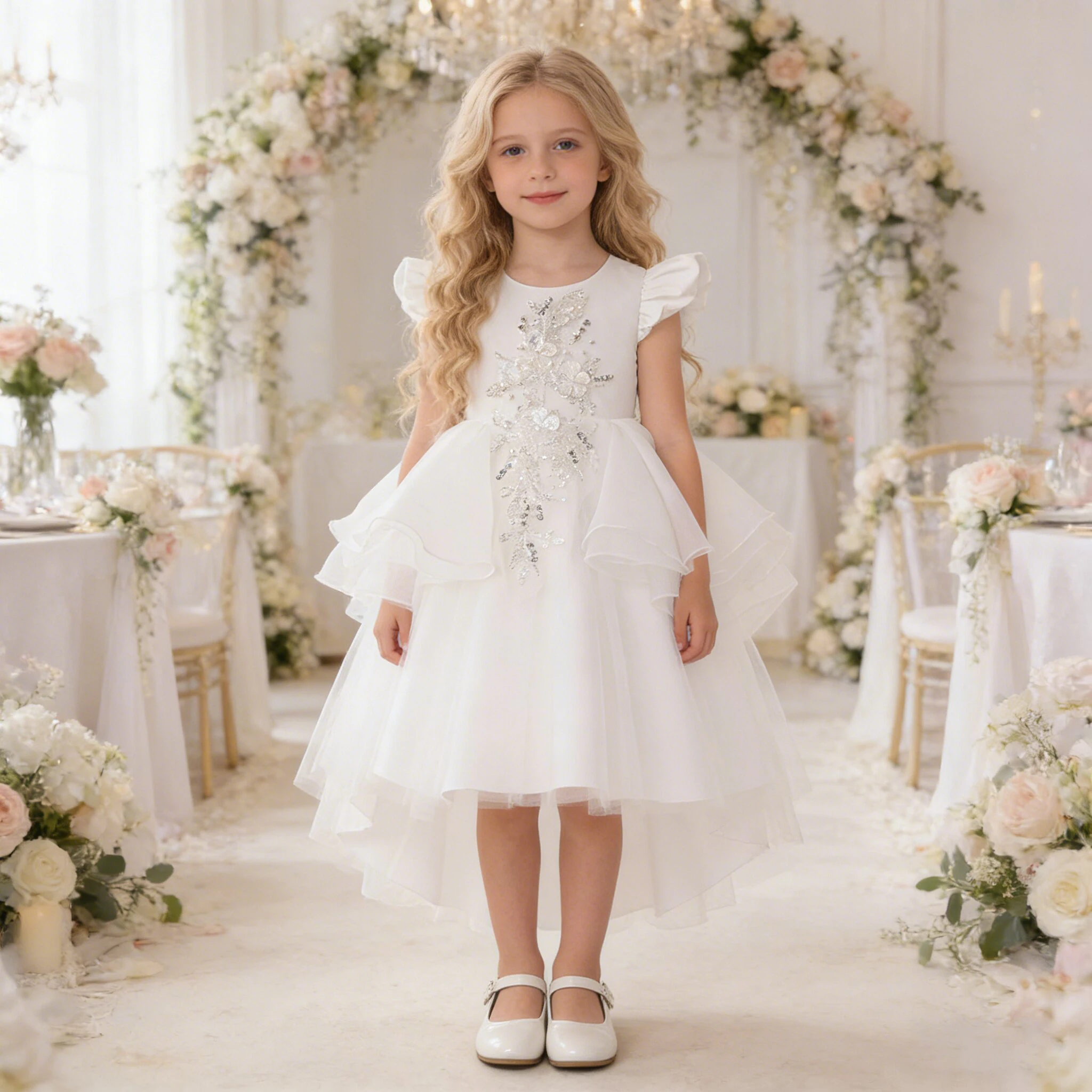 

Элегантное платье принцессы для девочек на крещение, вечернее платье с бисером, свадебное платье для подружки невесты, выпускного вечера, детская одежда с бантом на день рождения