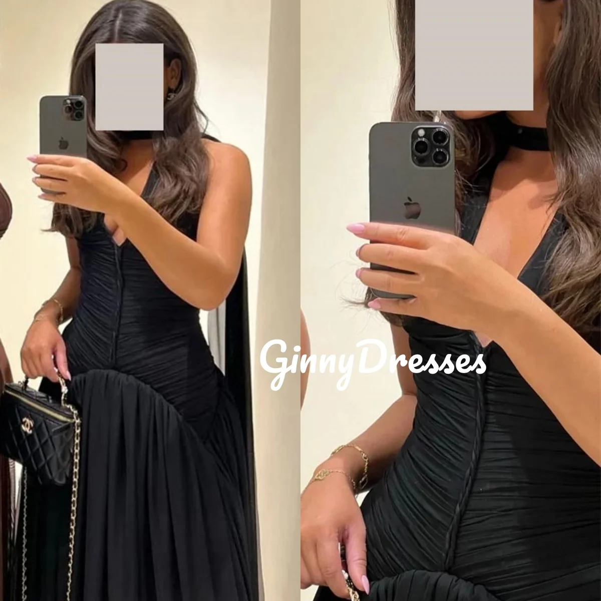 Gaun Malam Mewah Model A-Line Kerah V Dalam Berdetail Ruffle Hitam, Panjang Menyentuh Lantai Tanpa Lengan dengan Ritsleting, Vestidos De Festa 2025