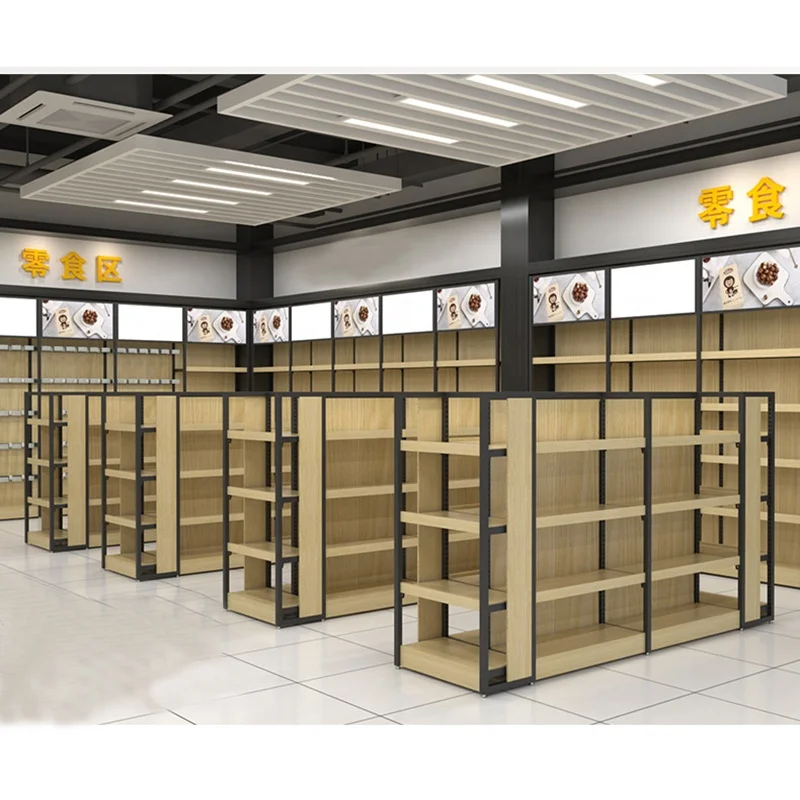 Manufacturer Double Sided 5-Layer Flat Back Plate Light Supermarket Store Display Wooden Shelf Shelf