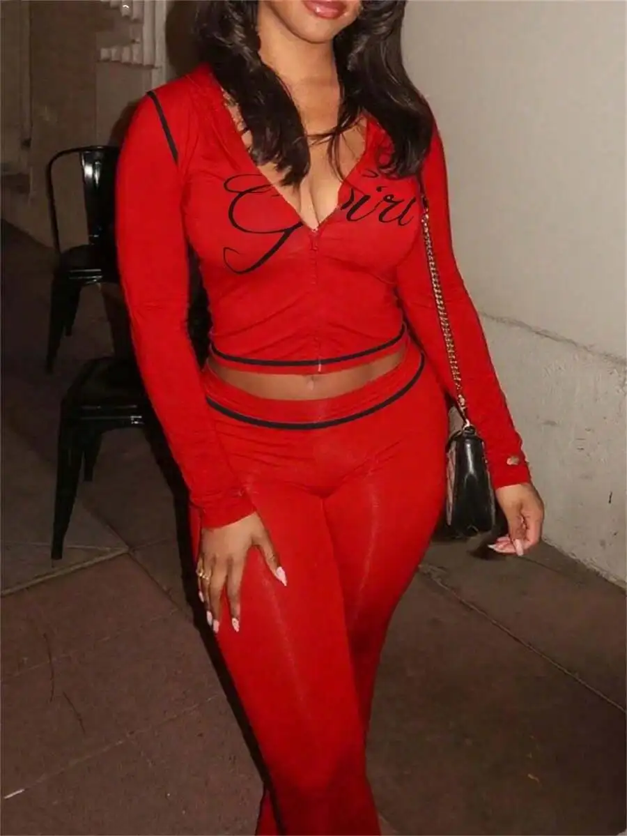 

Красный укороченный топ с длинными рукавами на молнии и брюки с высокой талией, комплект для отдыха для женщин
