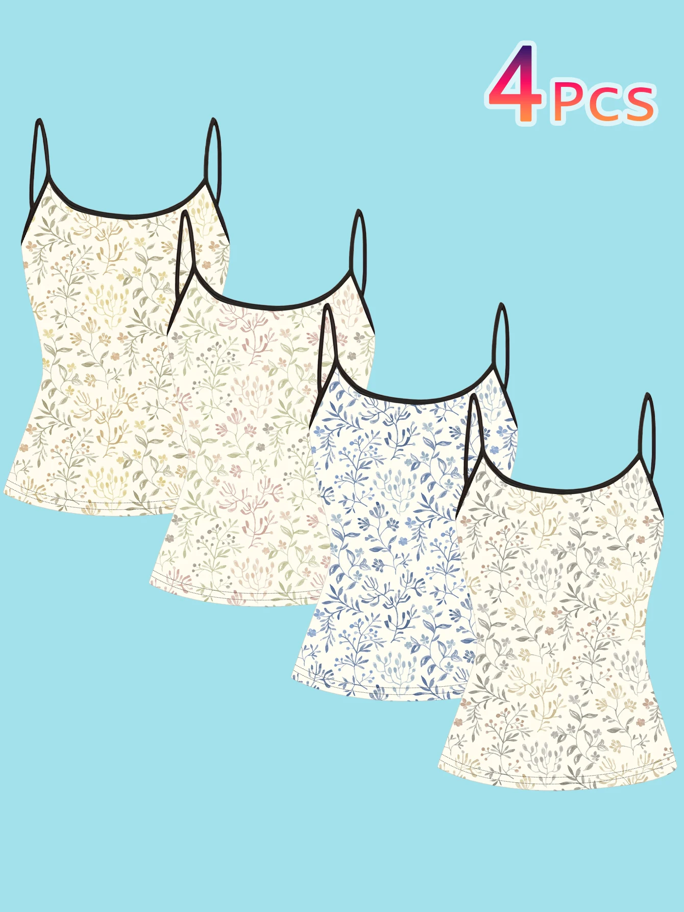 4-Piece Set of Women's Spaghetti Strap Camisoles with a Fresh Watercolor Floral Print, Slim-Fit Sleeveless Tops, Gentle Forest Style, Suitable for Outerwear or as a Base Layer