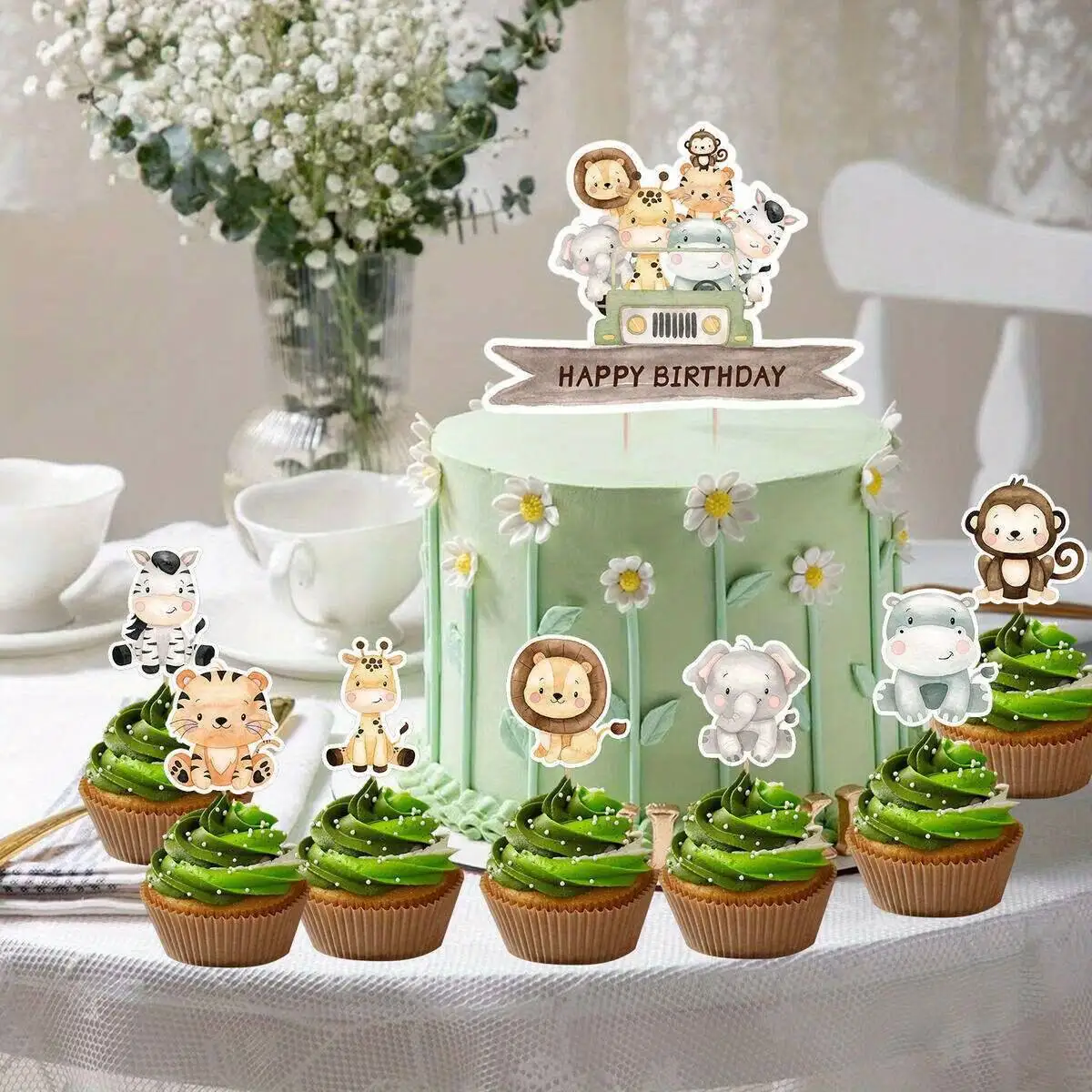 22 Stücke Wildtier Cupcake Topper Rosa Grün Tier Alles Gute Zum Geburtstag Papier Topper Für Dschungel Wald Party DIY Kuchen Dekorationen