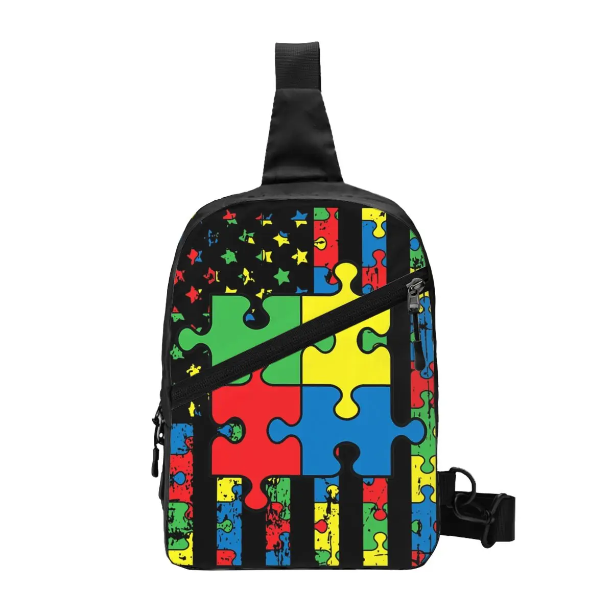 

Custom American Flag Autism Awareness Sling Chest Bag Crossbody Shoulder Backpack for Men Traveling Daypack