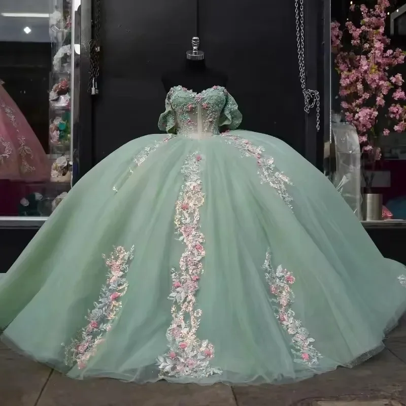 

Glittering Sage Green Quinceanera Dresses Luxury Lace Pink Flower Vestidos De 15 Anos Birthday Party Prom Princess
