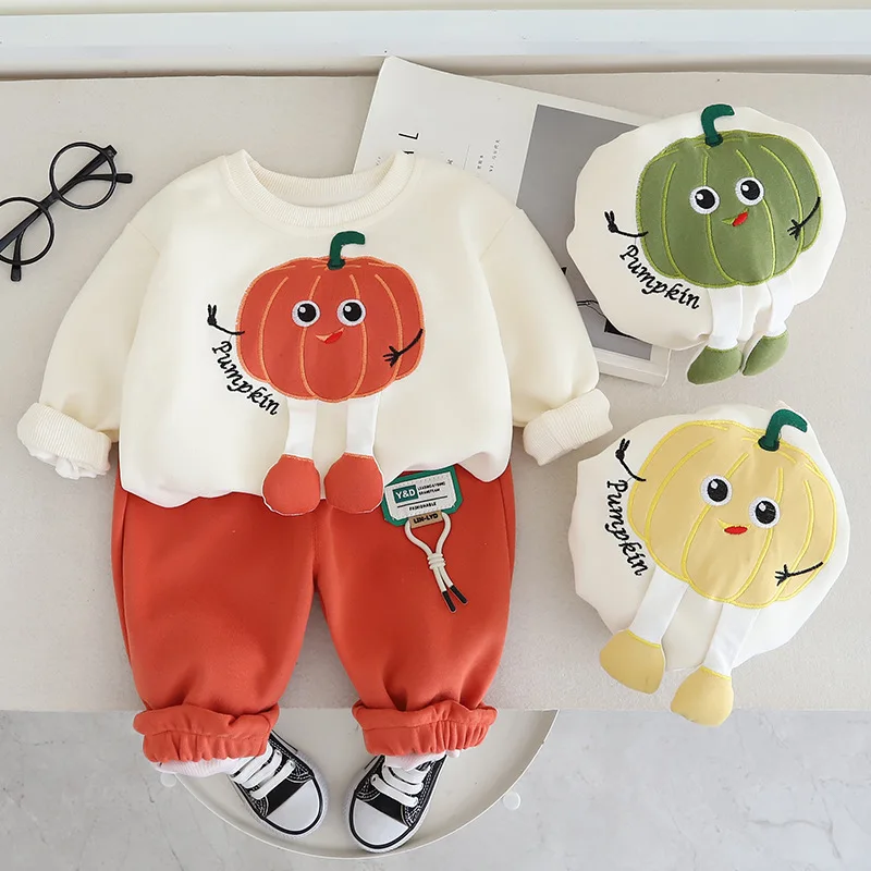 Spring Autumn Kids Boys 2PCS Clothes Set Cotton Cartoon Long Sleeve Pullovers Solid Loose Pants Suit Toddler Boys Outfits