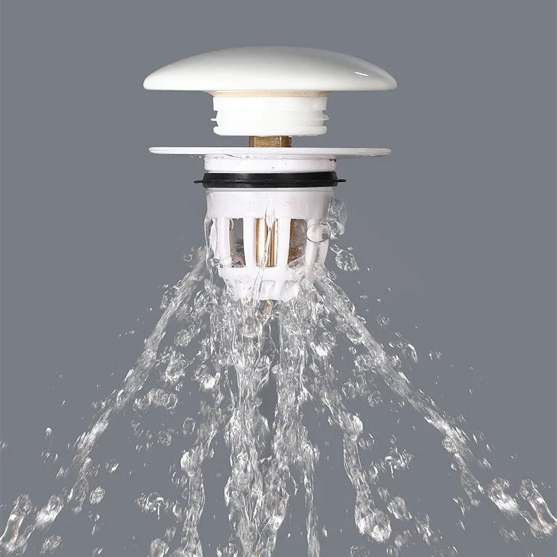 White Push-Type Sink Drain Stopper - Ceramic Anti-Rust Core, Hair Filter, Universal Bathroom Basin Plug, Leakproof Silicone Ring