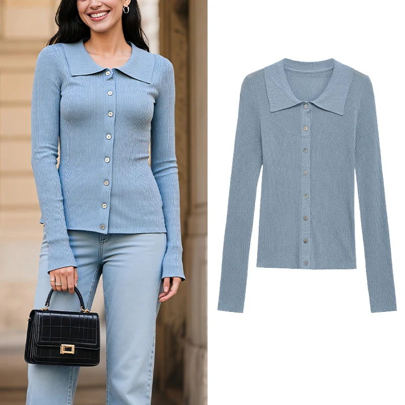 

Осень 2023, новый женский удобный повседневный вязаный кардиган с металлической нитью и воротником-поло, повседневные поездки и осенние многослойные Trafizaran