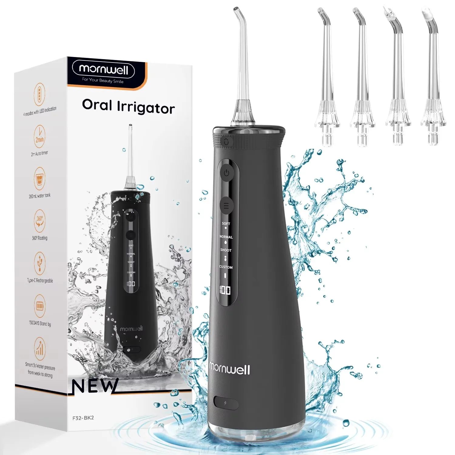 Sonic diş duşu Mornwell F32 Oral Irrigator Şarj Edilebilir Diş Diş Beyazlatma Su Geçirmez Diş Temizleyici Diş Su Jeti