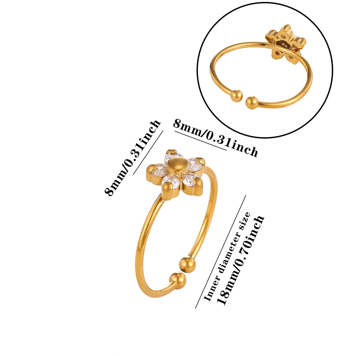 Zarter offener Ring mit Zirkonia-Blume für Damen, goldfarben, aus Edelstahl, mit bunten Kristallen, verstellbarer Manschettenring, minimalistischer Schmuck, Geschenk. – Detail 9