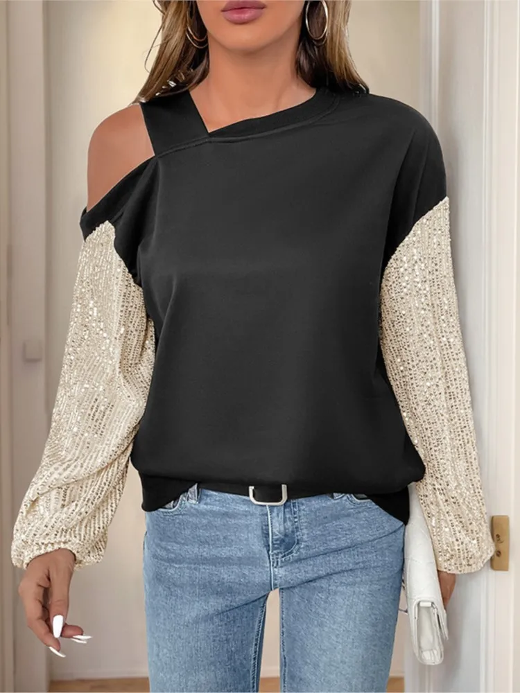

Women's Clothing Retro Trendy Long-sleeved Tops Sequined Off-shoulder Color Block Sweatshirt Temperament Simple Style All-match