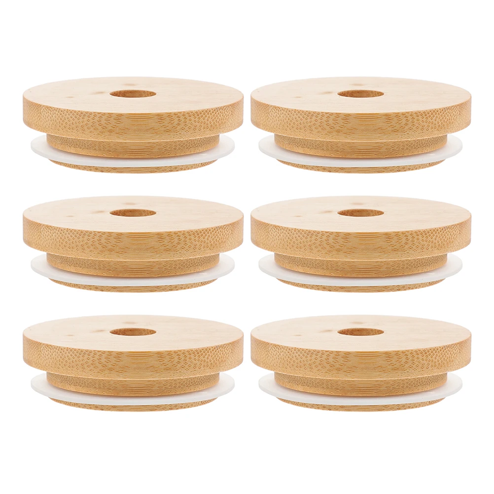 

6pcs Wood Jar Lids With Straw Holes Reusable Canning Covers For Regular Mouth Jars Natural Wood Material Household