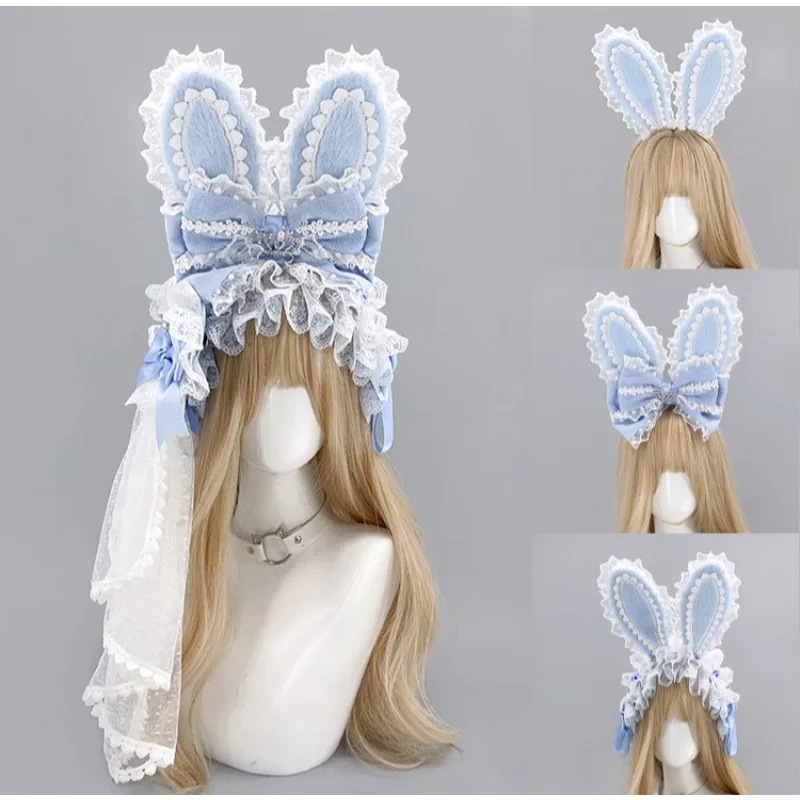 Lace Ruffle Trim Bowknot Hairband for Women Girl Elegant Hair Styling Hair Clip Rabbits Ear Hairhoop for Cosplay Party