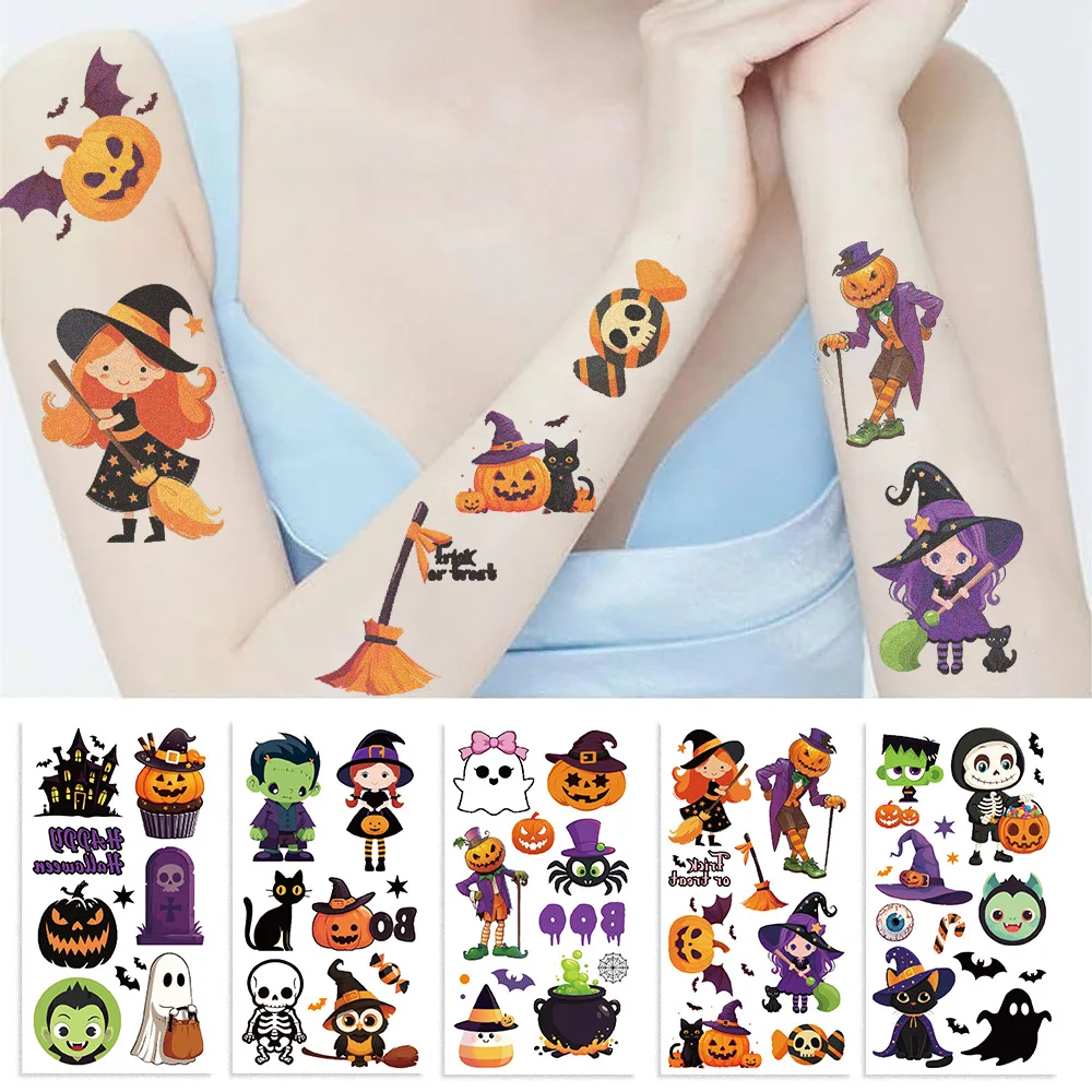 10 Sheets Halloween Pumpkin Tattoo Stickers Arm Body Watercolor Tattoo Simulation Temporary Fake Tattoo Children's Toy Gift