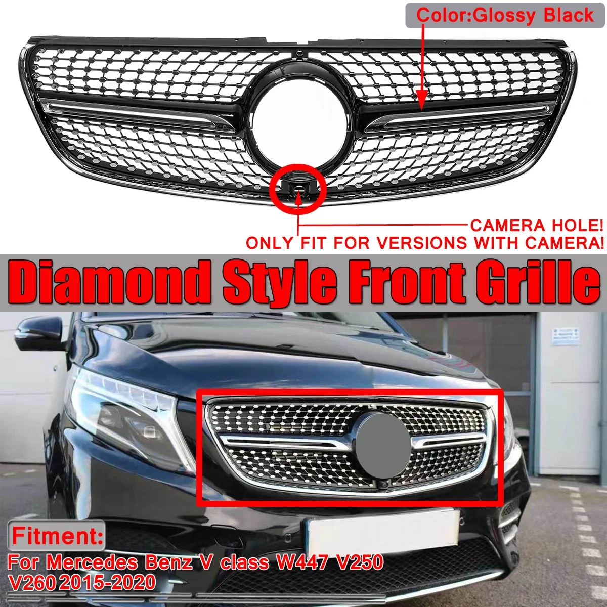 

Diamond Grill Mesh W447 Car Front Grille Grill With Camera For Mercedes For Benz V Class W447 V250 V260 2015-2020 Black / Chrome