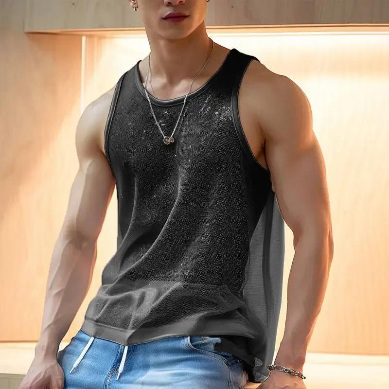 

Summer Men's Luxury Knit Fashion Transparet Tank Tops O Neck Sleeveless Mesh Sexy Solid Color Vest Breathable Party Men Clothing
