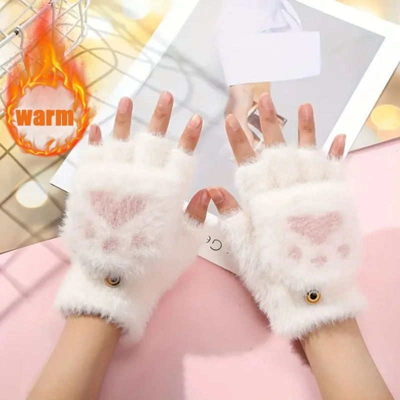 1-10Pairs Warm Half Finger Gloves Fold Back Mitten with Thick Fleece Lining for Writing Riding School Cute Cartoon Print Thermal