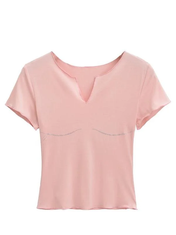 تي شيرت نسائي صيفي كاجوال بتصميم عصري، ياقة على شكل V، أكمام قصيرة، ضيق ومطاطي عند الخصر، بلون الطوب