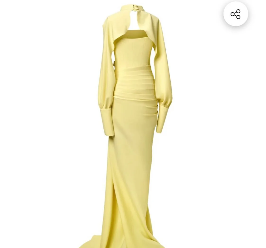 Meetlove أصفر رقبة عالية طول الأرض ساتان كم كامل زهور ثلاثية الأبعاد فساتين سهرة مخصصة بدون حمالات غمد فساتين حفلات