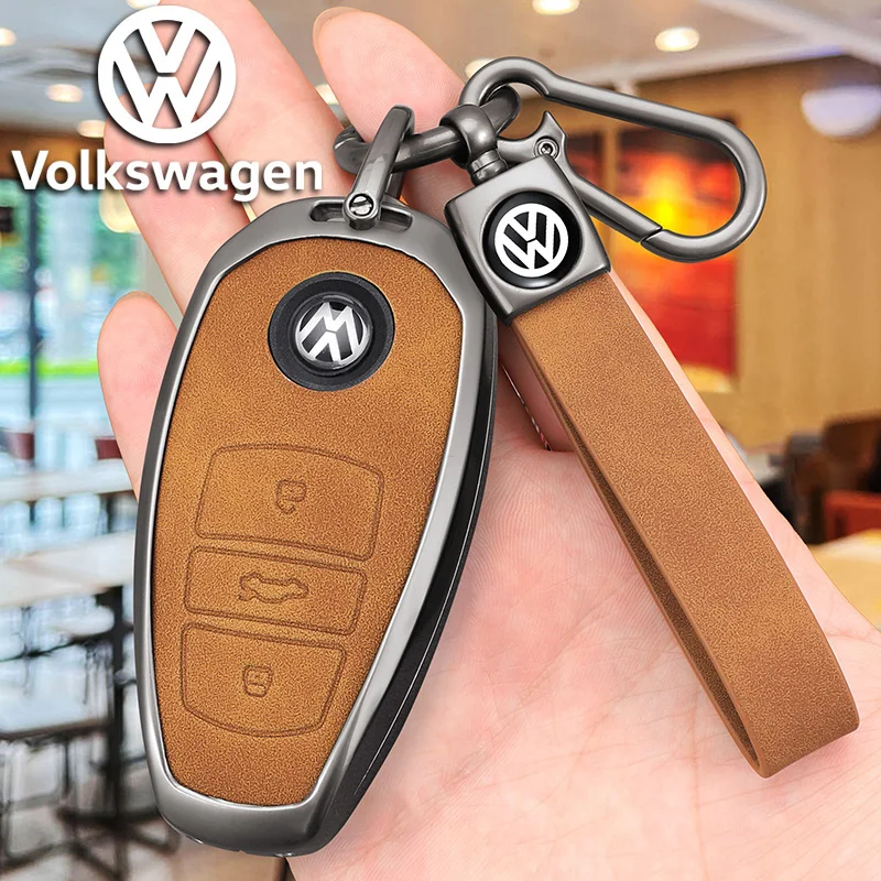 Zinc Alloy Leather Car Key Cover Case Fob Holder For VW Volkswagen Touareg 2011 2012 2013 2014 2015 2016 2017 2018 Accessories