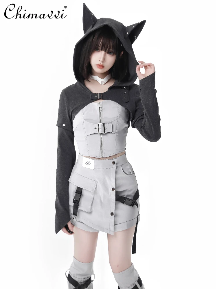 Original Function Hot Girl Sweet Removable Sleeve Hooded Jacket Sleeveless A-line Dress Subculture Two-Piece Sets Womens Outfits