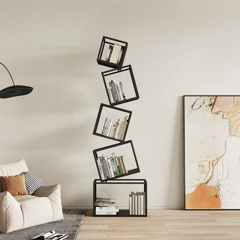 Creative irregular corner vertical bookshelf with floor to ceiling placement, modern and minimalist