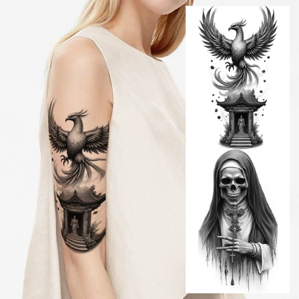 

3pcs Temporary Tattoo Black And Grey Realism Stormy Ship Knight With Castle Candle With Books For Men Thighs Adults