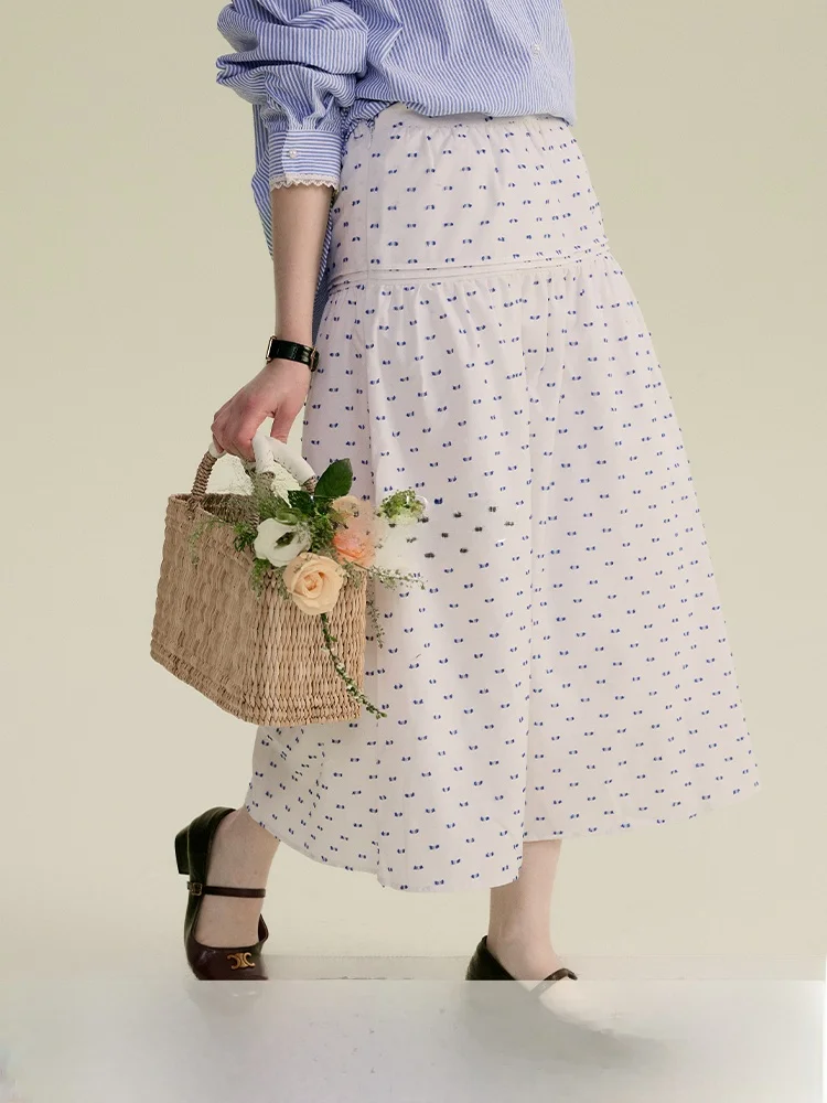 

Rina Berry Blue Dot Loose Simple Long Skirt High Waist Slimming Design Early Spring Linen f Skirt Commute Sle A-Line Skirt