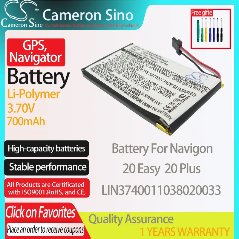 CameronSino Battery for Navigon 20 Easy 20 Plus fits Navigon LIN3740011038020033 GPS,Navigator battery 700mAh 3.70V Li-Polymer