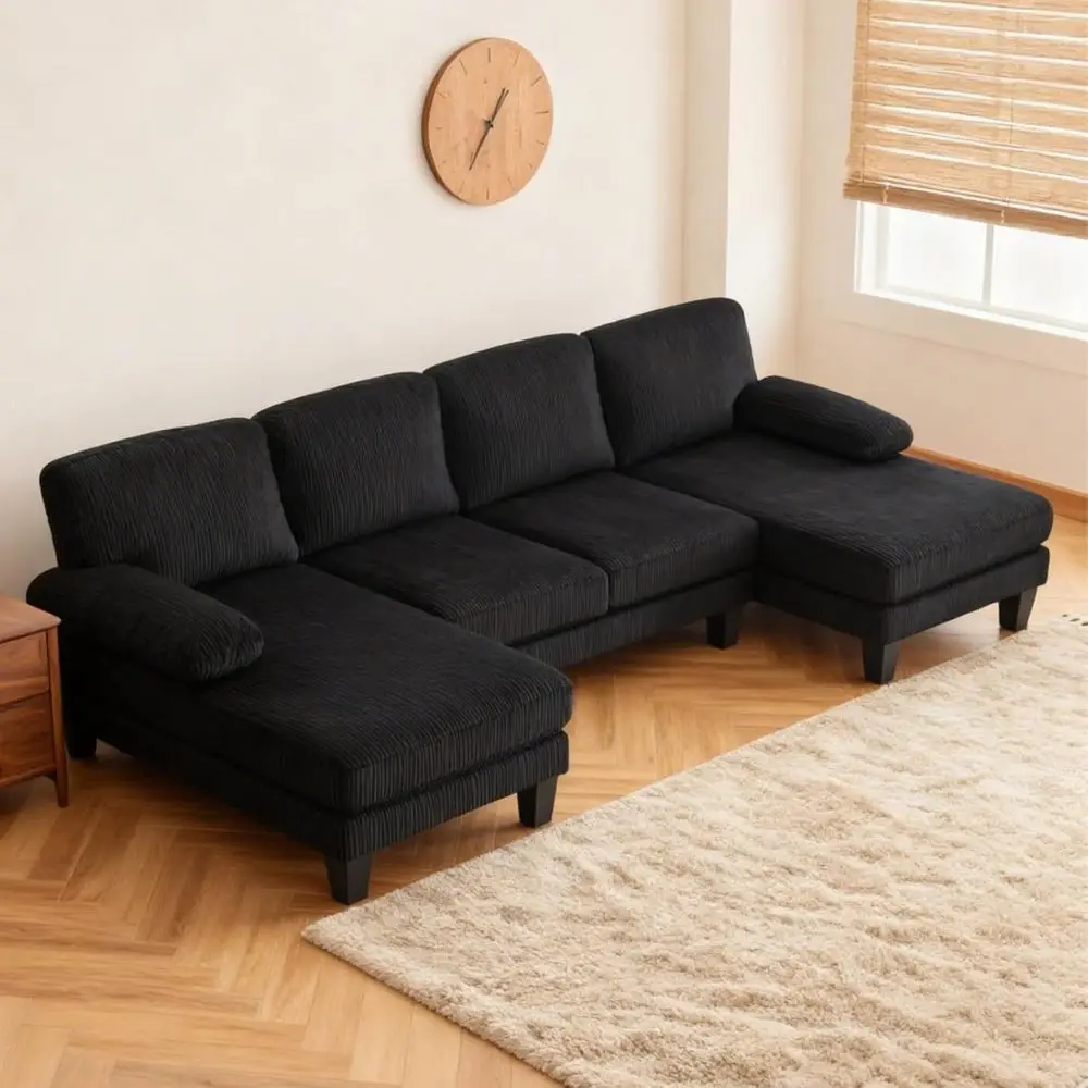 

4-Seat U-Shape Sectional Sofa with Chaise, Corduroy Upholstery, Convertible, Wood Grain Legs for Living or Family Rooms, Black
