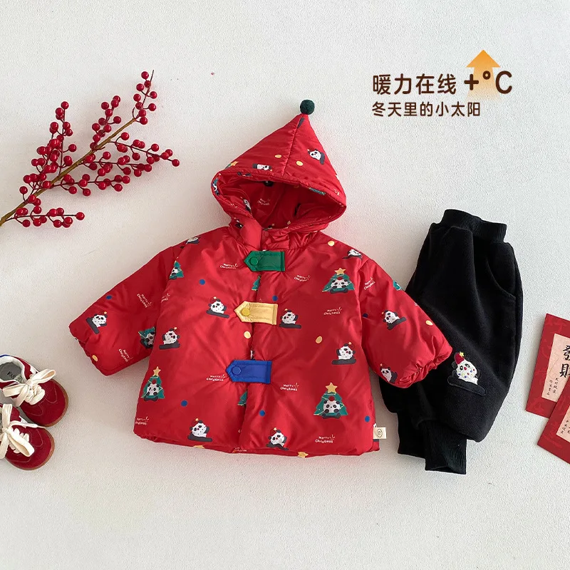 

Children's Panda New Year's Clothing 2025 New Winter Boys' Christmas Cotton Jacket Baby Fashion Color Contrasting Cotton