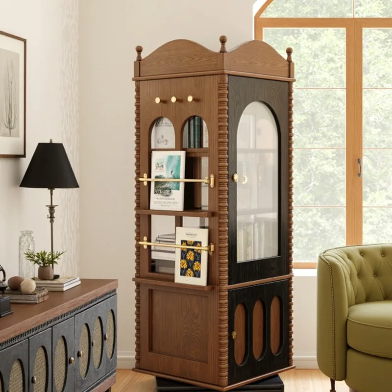 Solid wood rotating bookcase storage  with glass door corner magazine 360 degree display vertical