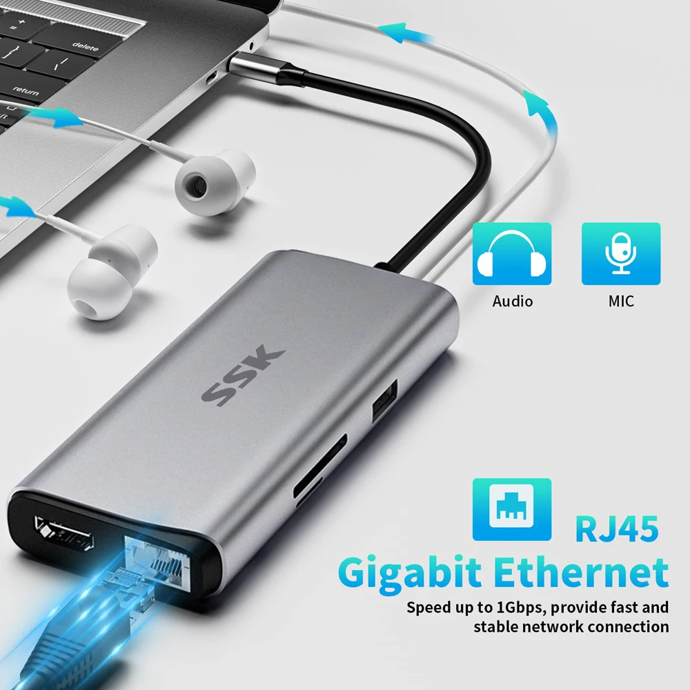Adattatore Ethernet hub USB C SSK Splitter USB C da 10 Gbps con dock hub HDMI Ethernet SD/TF 4K a 60 Hz per accessori PC MacBook Pro