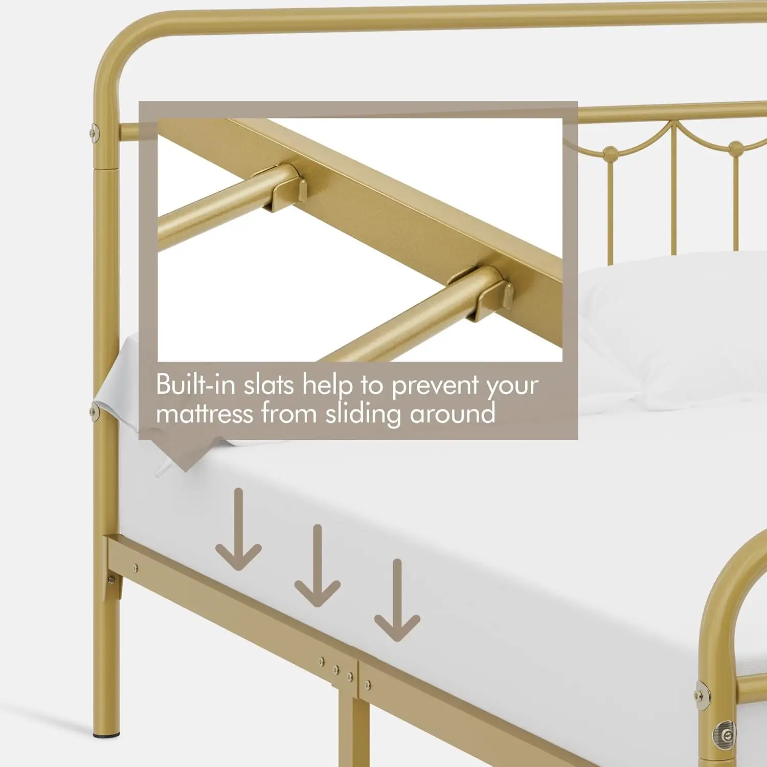 Large metal bedstead, with antique headboard and footrest, farmhouse metal platform bed, heavy steel plate support, antique gold