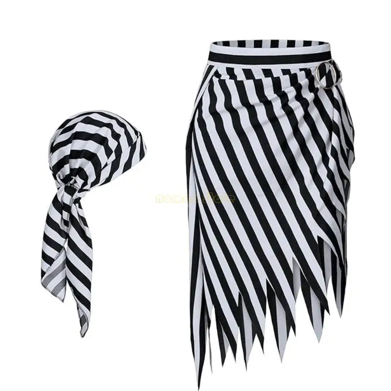 31BF 2pcs Accesorios disfraces piratas Pirate Pirata Falda pirata pañuelo para cabeza para carnavales Halloween