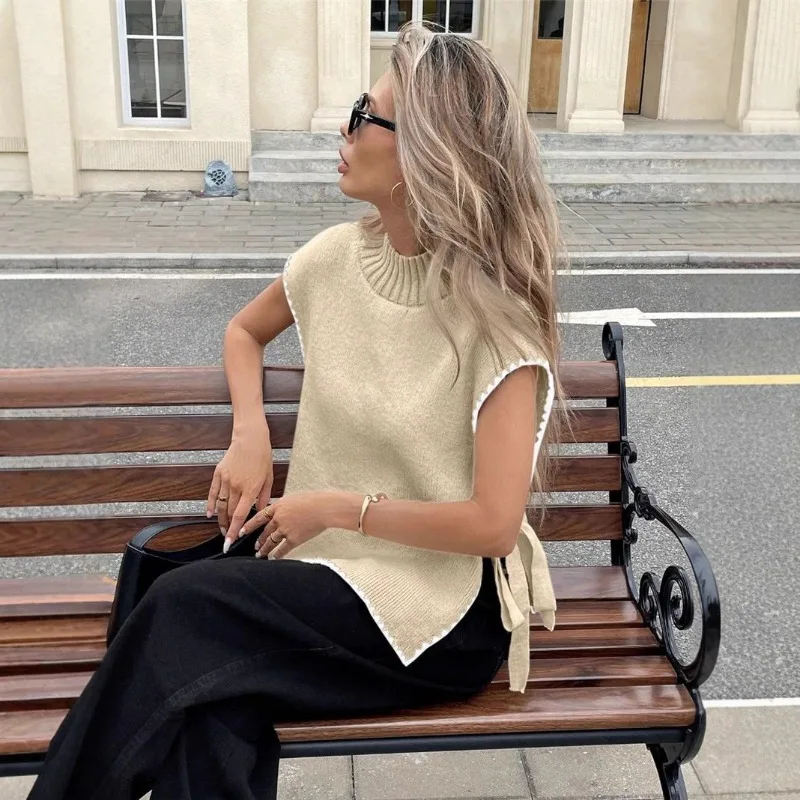 Women's Fast Selling Sleeveless Sweater Vest Simple Design Top Contrasting Colours Bow Tie Ties Comfortable White Dress