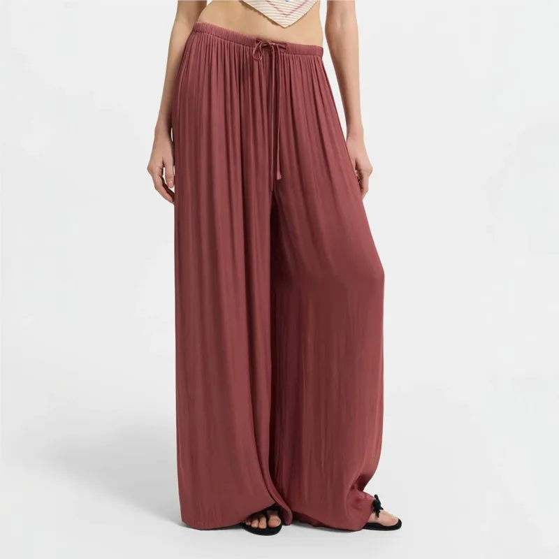 New Women High Waist Wide Leg Pants Spring Summer Draped Casual Trousers Drawstring Elastic Waist Loose Straight Leg Beach Pant