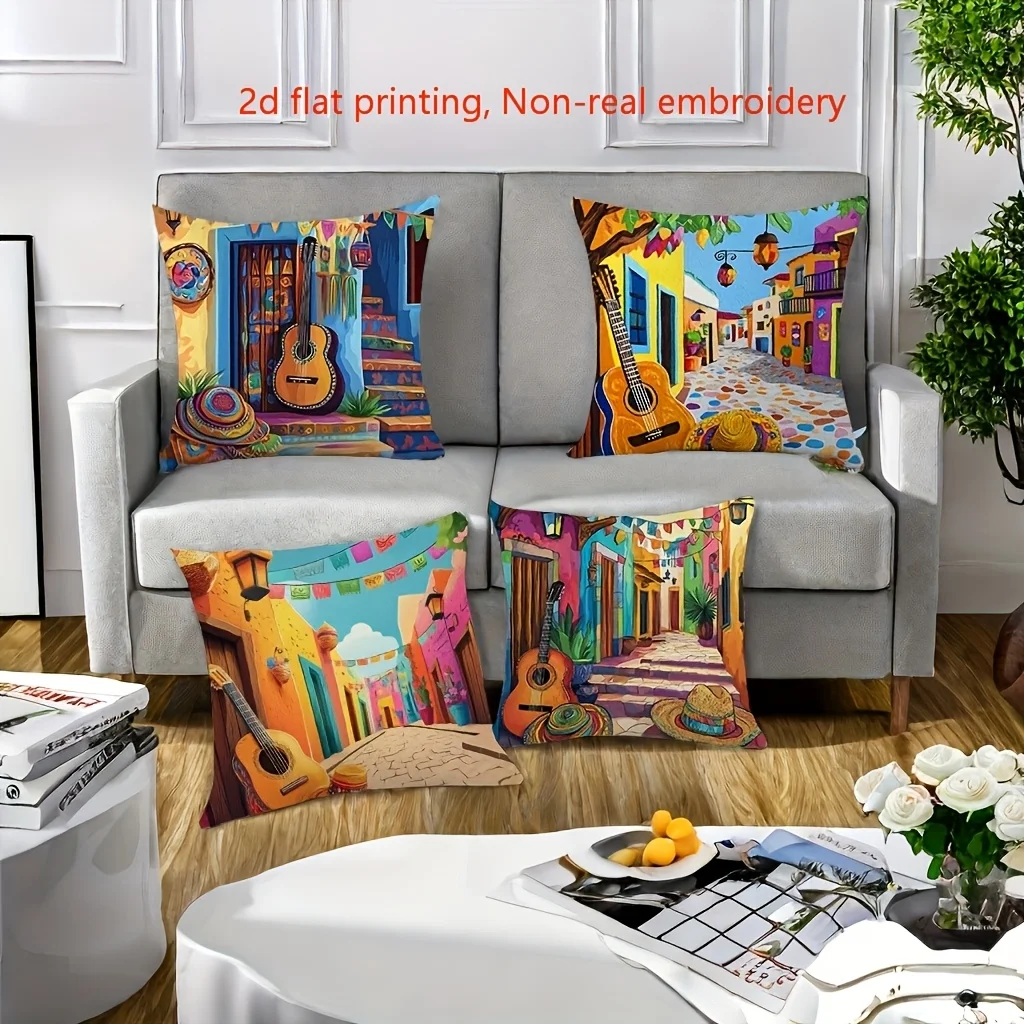 4-piece pillowcase set featuring a Mexican-themed design, suitable for room, bedroom, and sofa decoration (insert not included)