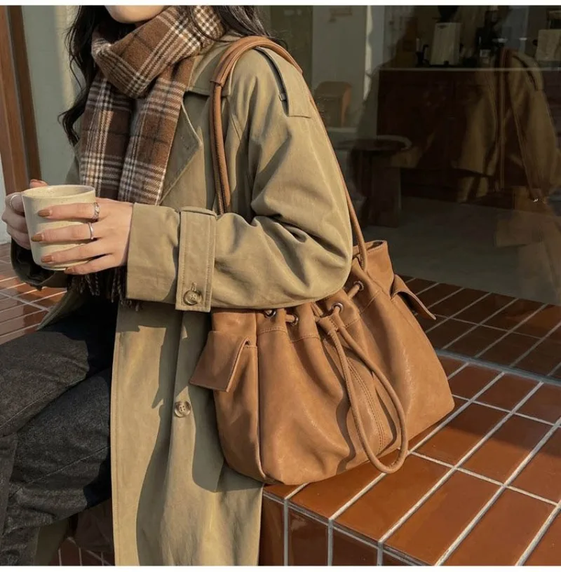 Women's Casual Style Soft Leather Drawstring Tote Bag, Ideal for Daily Use, School Commute, Weekend Outings & Shopping Handbag