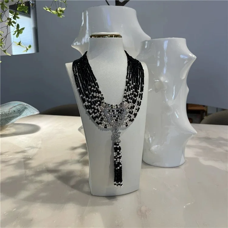 A natural freshwater small pearl black crystal necklace multi-layer sweater necklace