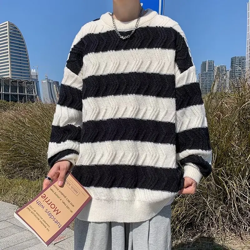 

Large Size Autumn Winter Knitted Sweater Men's Casual Sle Stripe Twist American Faion plus Size Hong Kong Sle Top