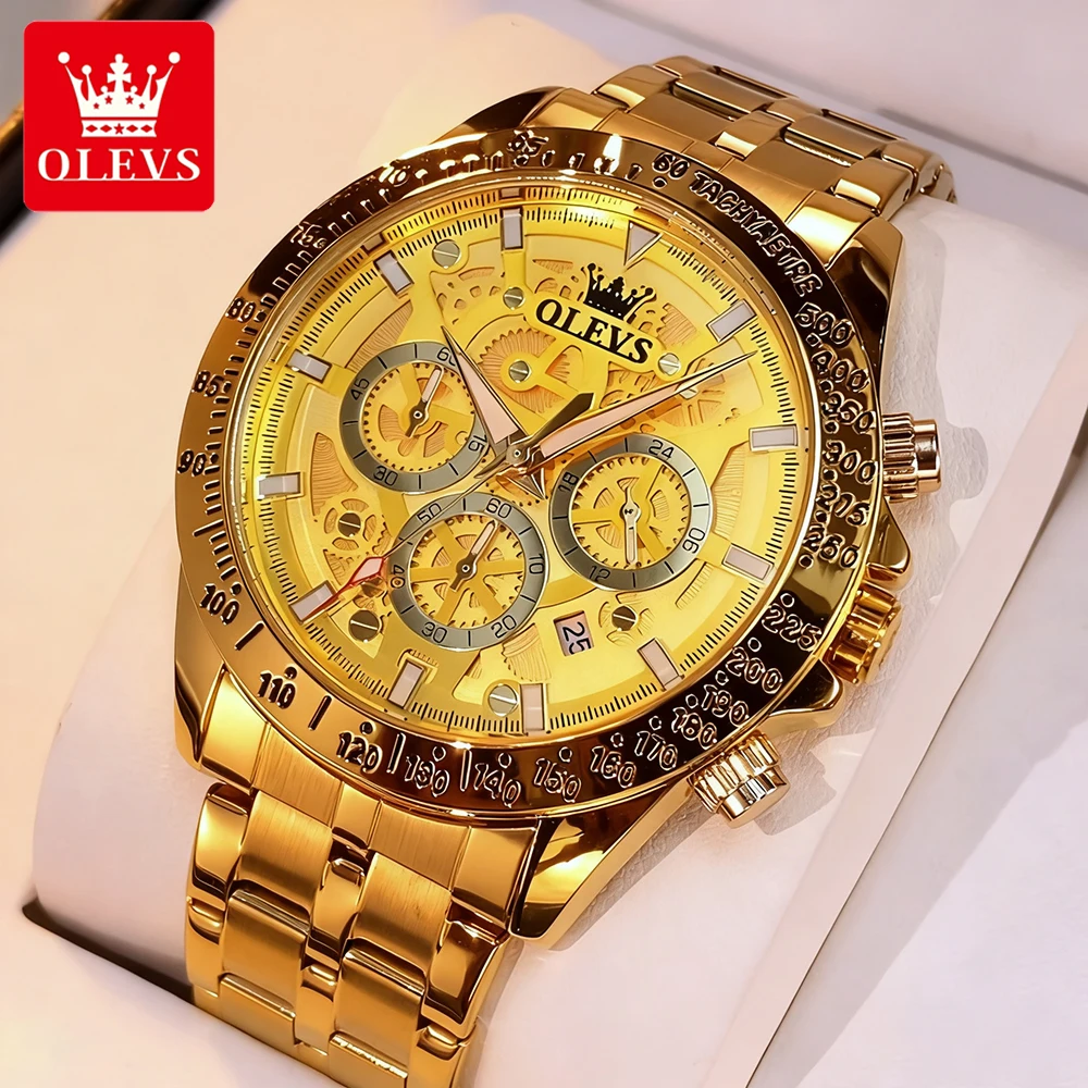 OLEVS 럭셔리 남성 시계 트렌드 패션 골드 오리지널 쿼츠 손목시계 방수 발광 날짜 크로노그래프