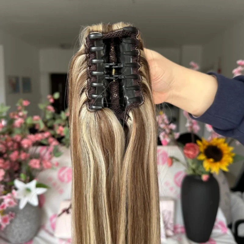 22 بوصة الاصطناعية ذيل حصان الشعر التمديد طويل مستقيم مخلب كليب ذيل حصان مقاومة للحرارة موجة طبيعية للنساء شقراء هيربيسي