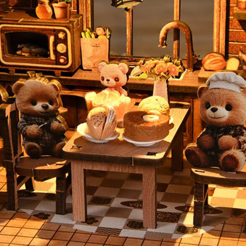 OUZEY 3D 나무 책장 DIY 키트 - '리틀 베어 비스트로' 미니어처 장면, 카페 모델 하우스 조립, 창의적인 데스크탑 장식 선물