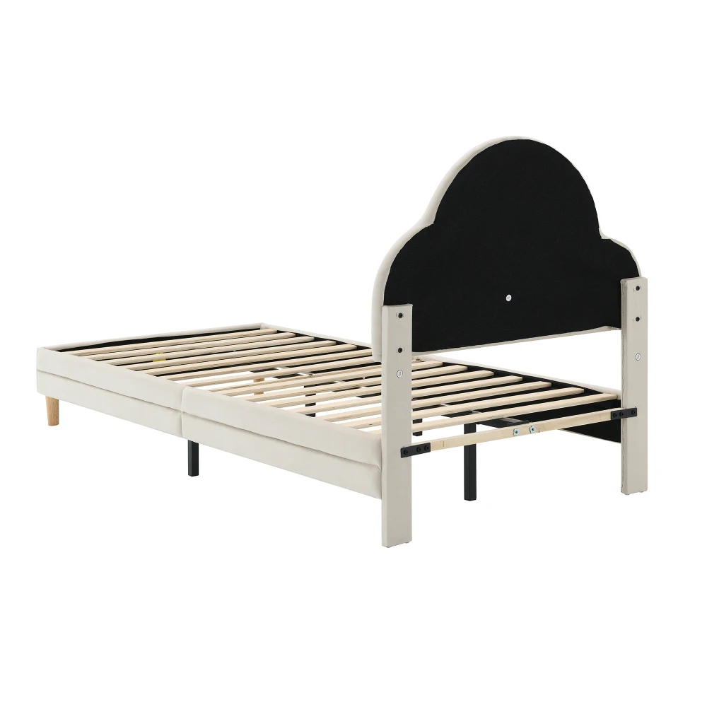 PINGGO Beige Samt Einzelbett 90x200cm Wolkenförmiges Kopfteil Farbwechsel-LED-Streifen Holzlatten Kinderbett Ohne Matratze – Detail 12