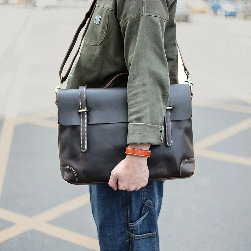 Bolsa mensageiro retrô para homens, couro Crazy Horse, pasta portátil de negócios, bolsa de ferramentas