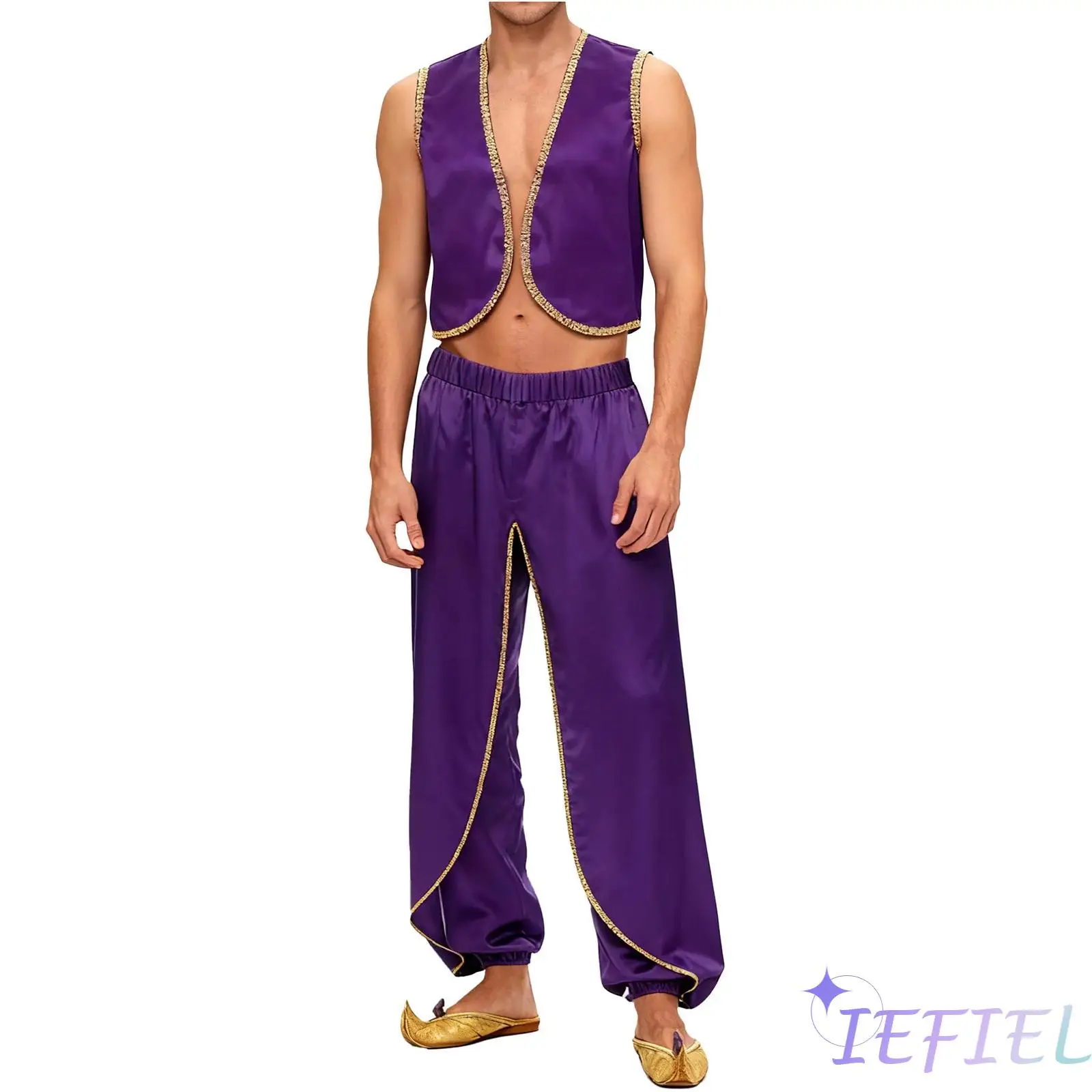 

Mens Arabian Prince Cosplay Costume Gold Trim Open Front Vest And Baggy Pants India Dhoti Palazzo Trousers for Halloween Party