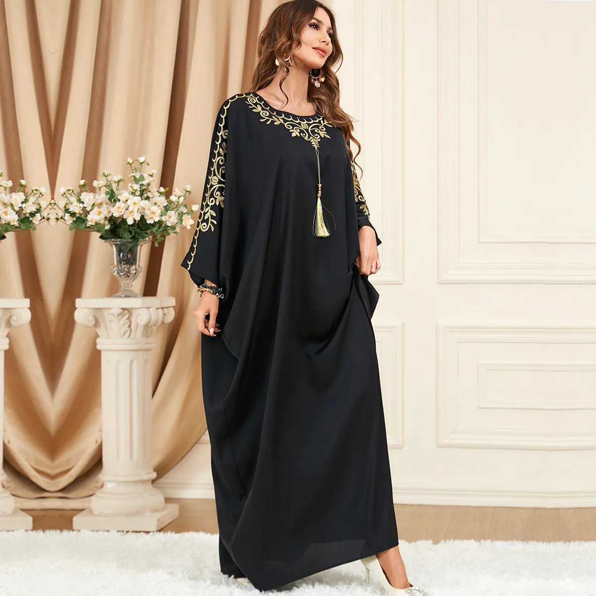 Muslim Dress Satin Golden Flower Embroidery Kaftan Abaya Party High Quality Maxi Long Dresses Tassel Robes Islamic Clothing