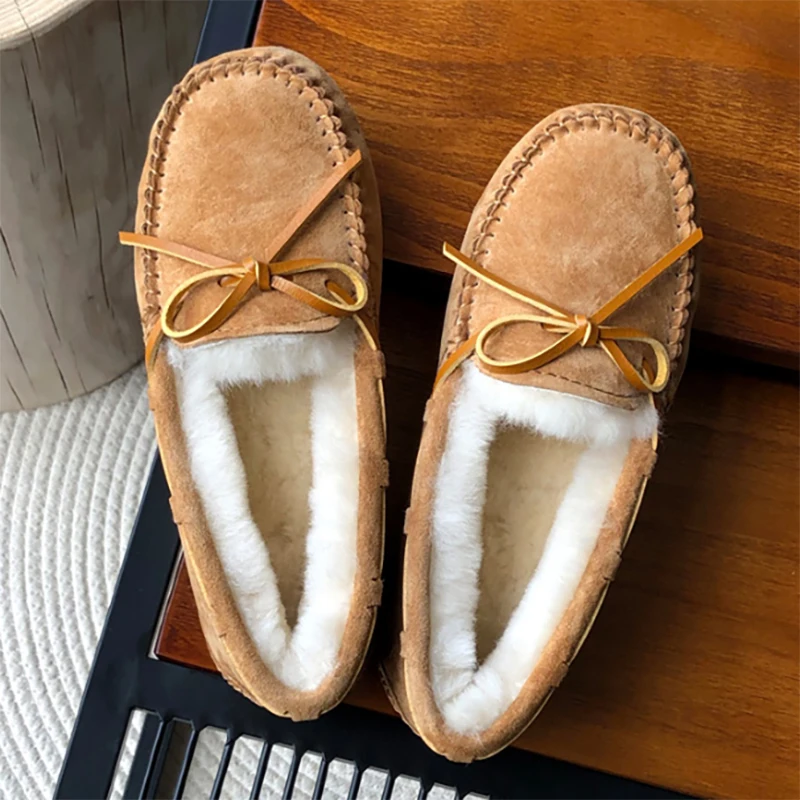 New 100% Natural Wool Genuine Leather Women Flat Winter shoes Women Moccasins Casual Loafers Plus Size Winter shoes